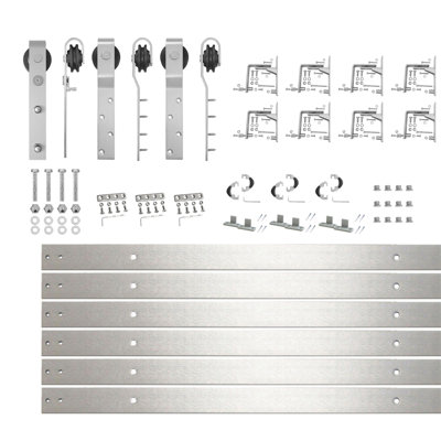 Brushed Nickel Triple Track Bypass Sliding Barn Door Hardware Kit (for Door Thickness 1-1/4in ~ 1-3/8in), Three 11ft Long Flat Tracks, for Three Interior Doors (Doors not Included）