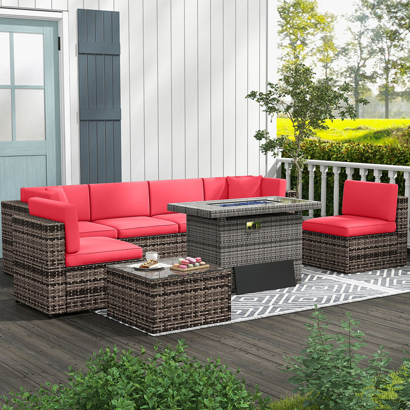6 - Person Outdoor Seating Group with Fireplace Table, Red, Grey