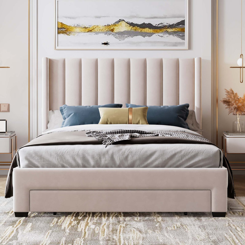 Lit plateforme à panneau de rangement Izaiha, Beige, Grand