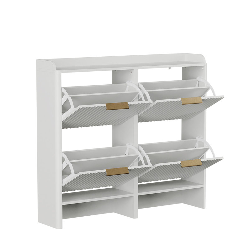 42.9 Inch Slatted Style 4 Flip Door Shoe Cabinet With Tabletop Baffle, Blanc