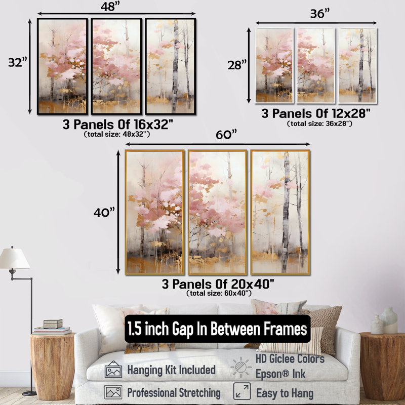 Minimalisme, forêt rose et or - ensemble d'art mural sur toile forêt, H 32 po x l 48 po x P 1 po, Encadrement argenté