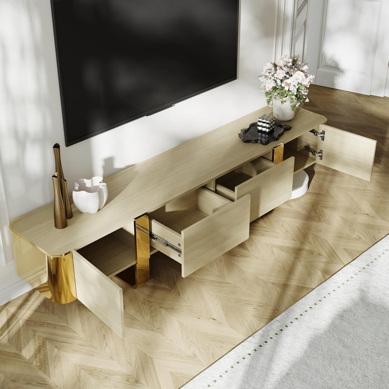 79 Inch Wood And Gold TV Stand Entertainment Center With Drawers And Door Cabinet, Natural Wood/Gold