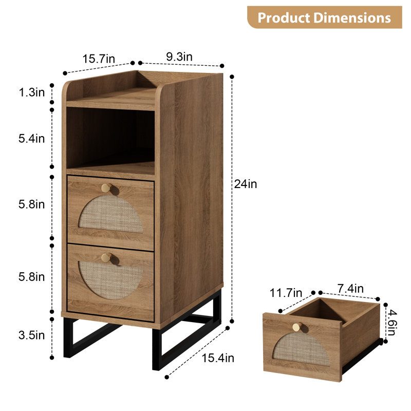 Narrow Side Table with Arched Rattan Drawers (Set of 2) Small End Table with Metal Legs Nightstand, Natural