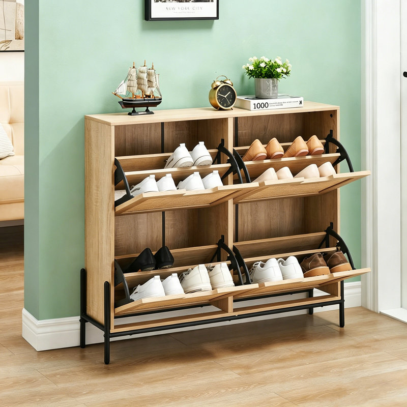 Wooden Freestanding Shoe Cabinet with Rattan Door, Shoe Organizer with 4 Flip Drawers, Adjustable & Removable Shelves, Shoe Storage for Entryway, Closet, Hallway