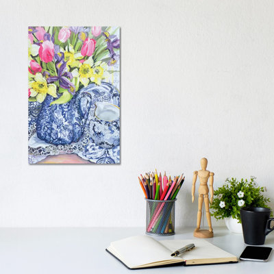 Daffodils, Tulips And Irises With Blue Antique Pots by Joan Thewsey - Wrapped Canvas Print