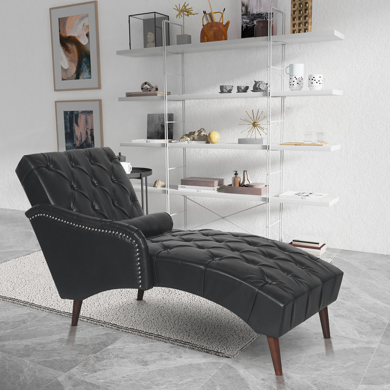 Chaise longue capitonnée avec accoudoirs, chaise longue d'intérieur avec coussin et pieds en bois massif