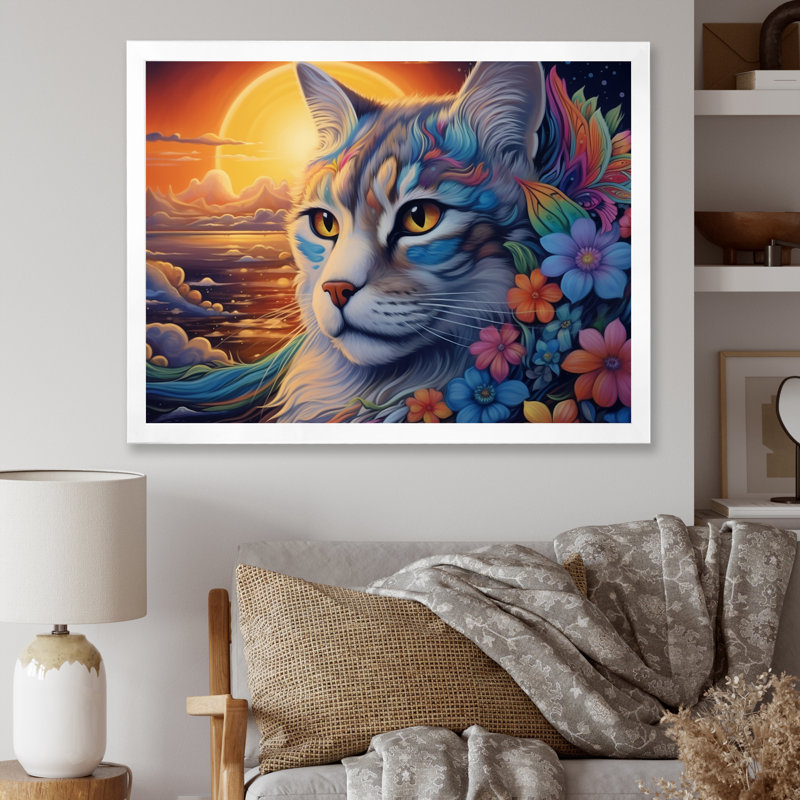 Glorieux chat avec des arcs-en-ciel au coucher du soleil, Cadre simple blanc, H 30 po x l 40 po x P 1,5 po