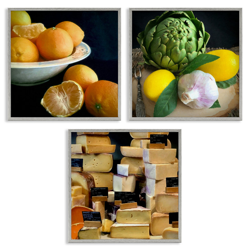  Légumes et fromages, natures mortes, ensemble de 3 giclées par Graffi *ee Studios, H 17 po x l 17 po