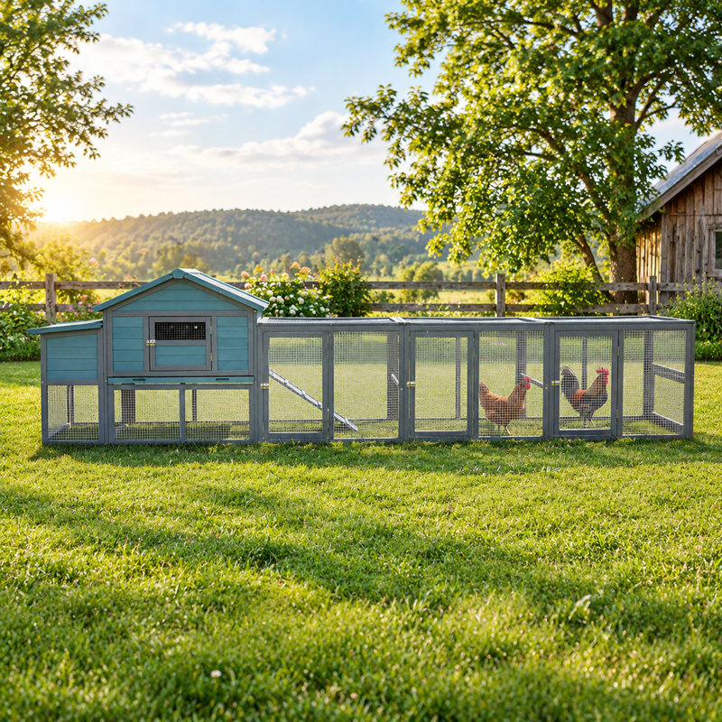 Large Wooden Chicken Coop With Outdoor Run And Nesting Box