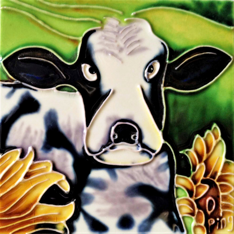 Handcrafted Square Cow Ceramic Art Tile Wall Decor
