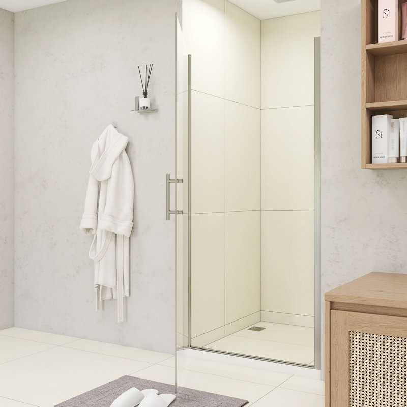 36" W × 72" H Pivot Shower Door – 1/4"(6Mm) Tempered Glass With Explosion-Proof Film, Stainless Steel Handle, Brushed Nickel Aluminum Half Frame, Modern Minimalist Design