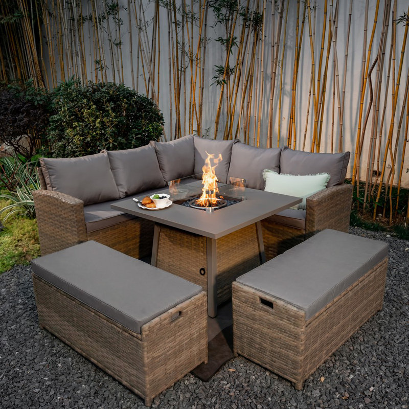 Rosen 9 Seaters Corner Sofa Cube Fire-Pit Dinning Table With Storage Benches