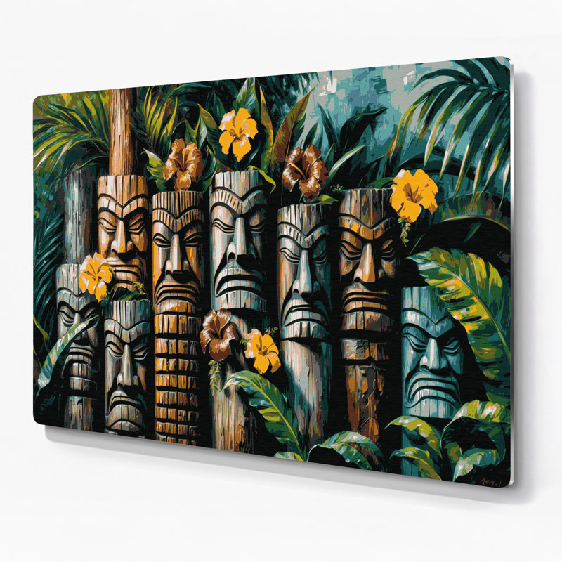 Art mural en métal vert, statues tiki hawaïennes, H 24 po x l 36 po