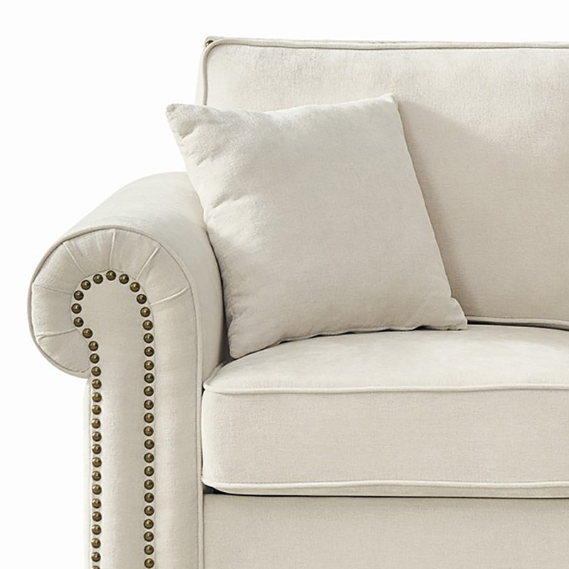 Canapé 3 places en tissu chenille avec garniture cloutée et accoudoirs roulés, Beige