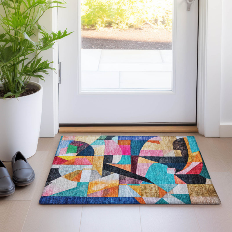 Machine Washable Indoor/Outdoor Xhevrie Blue Rug, Rectangle 1'8" x 2'6"