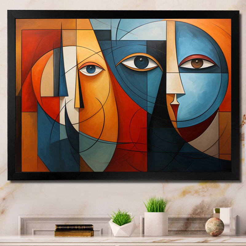 Cubisme géométrique Portrait X - cubisme, art mural, H 16 po x l 32 po x P 1 po, Cadre simple noir