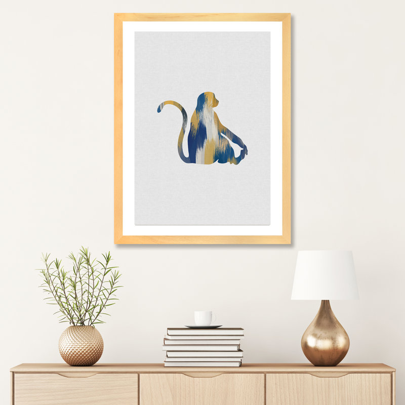Singe bleu et jaune - impression d'art graphique, H 32 po x l 24 po x P 1 po, Papier encadré de bois naturel
