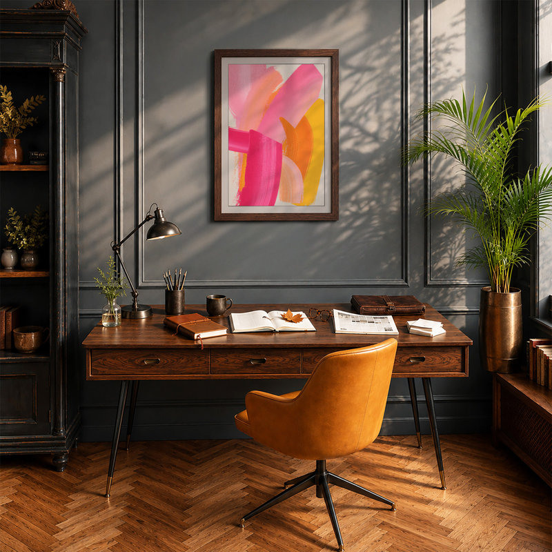 Brushstrokes in Pink Abstract - Framed Print, A3 - 42.0 x 29.7 cm, Walnut