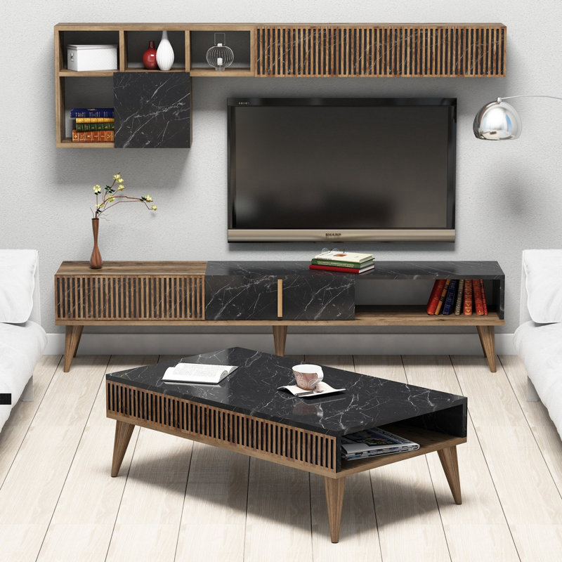 Modern Living Room Furniture Set, Walnut & Black | 100% Melamine Coated Particle Board | TV Stand (70.9 x 15.7 x 13.8 in), Wall Shelf (70.9 x 19.1 x 7.9 in), Coffee Table (41.3 x 13.6 x 23.6 in) | Sleek Design, Multiple Shelves, Wall-Mountable