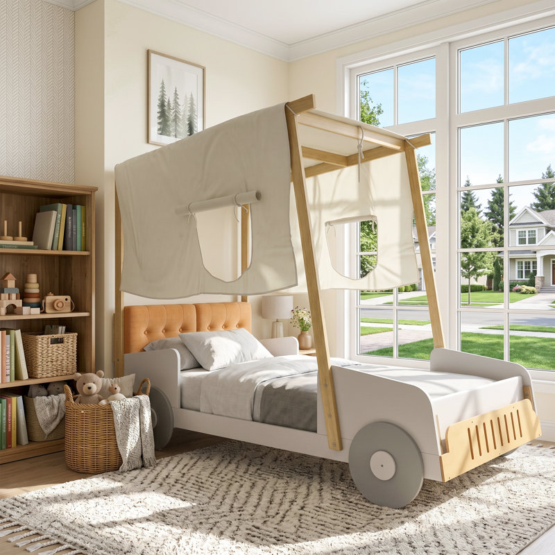 Lit plateforme en forme de voiture en bois massif naturel avec coussin, support de plafond et pied de lit, Lit simple