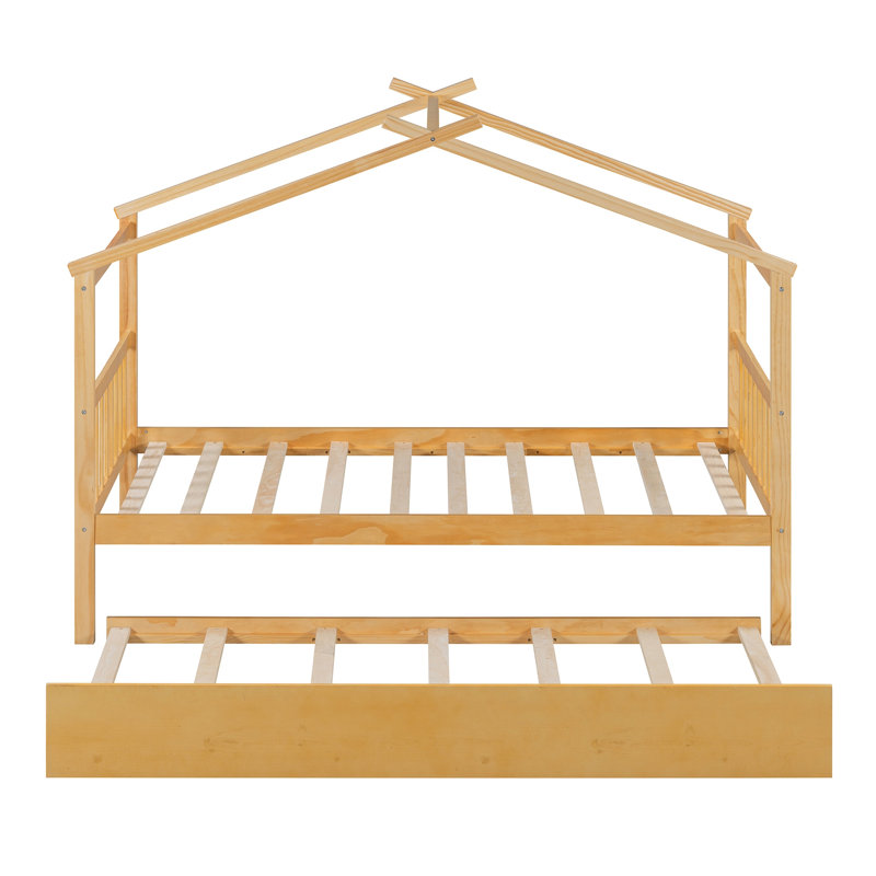Lit simple avec lit gigogne et mur d'escalade, cadre de lit plateforme en bois massif naturel pour enfants avec rails de sécurité