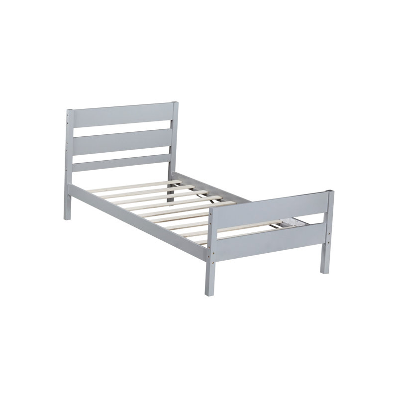 Lit simple avec tête de lit et rangement en bois d'hévéa massif, optimisé et élégant, Gris