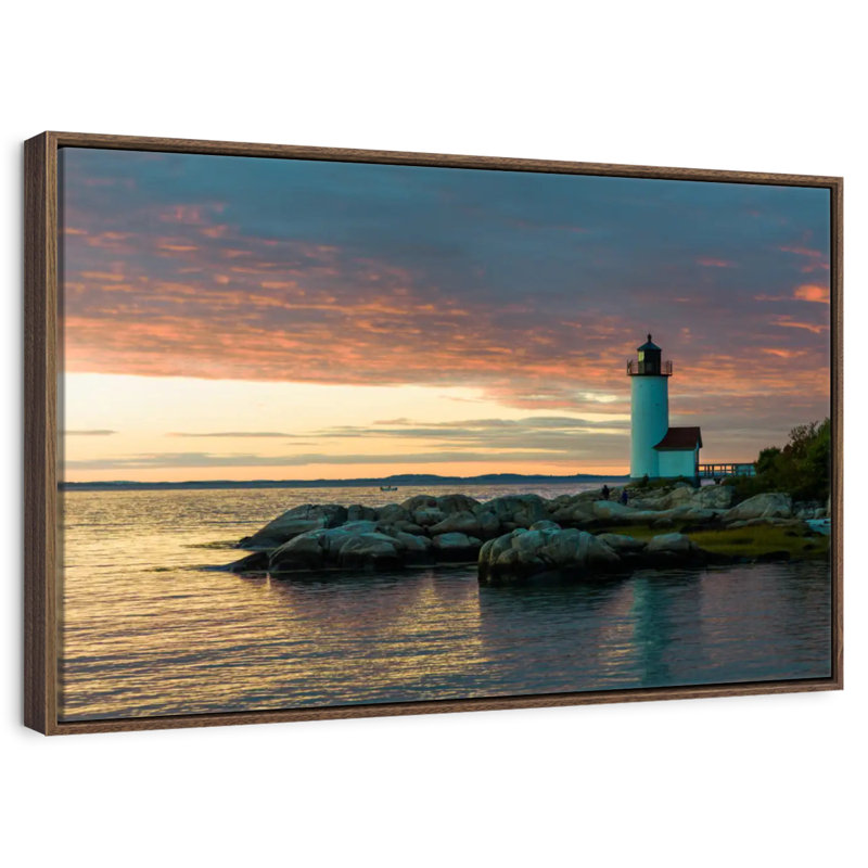 Coucher de soleil sur le phare d'Annisquam, 13 po x 9 po, Cadre flottant en noyer