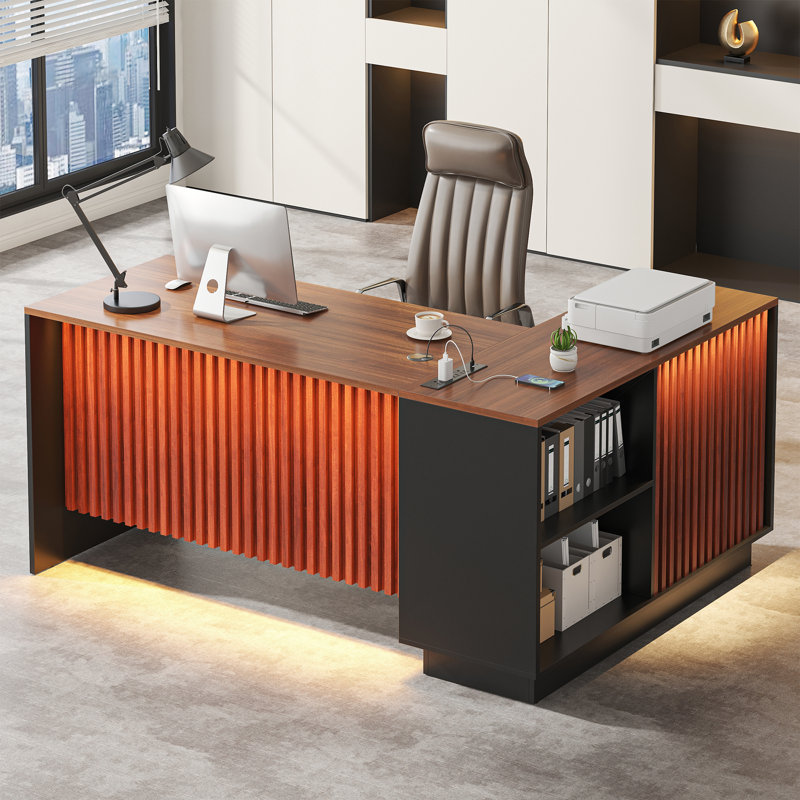 L-shaped Executive Desk, Home Office Desk With Storage, Drawers, File Cabinet And Privacy Panel, Modern Corner Desk With Charging Station & Led Lights,