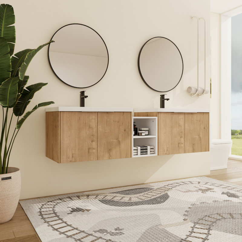 Meuble-lavabo mural double 72 po Jenneen, Marron clair, 71"