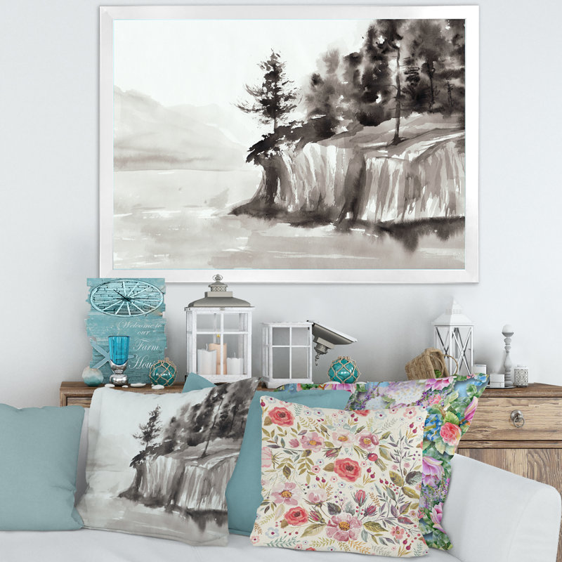 Falaises monochromes au bord du lac - Peinture sur toile, H 12 po x l 20 po x P 1,5 po, Toile blanche encadrée