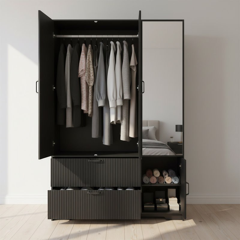 Grande armoire en bois de 70,8 pouces à trois portes avec deux tiroirs, des tablettes de rangement et une tringle, Noir