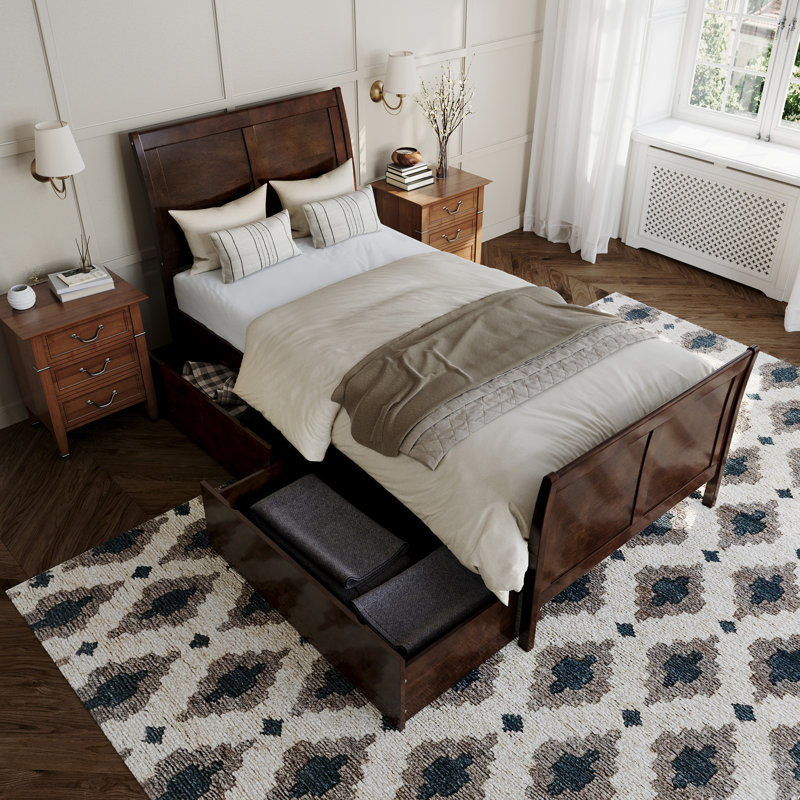 Fitzsimmons Solid Wood Platform Bed with Matching Footboard and Storage Drawers, Walnut 1, 2 Drawers, Twin XL