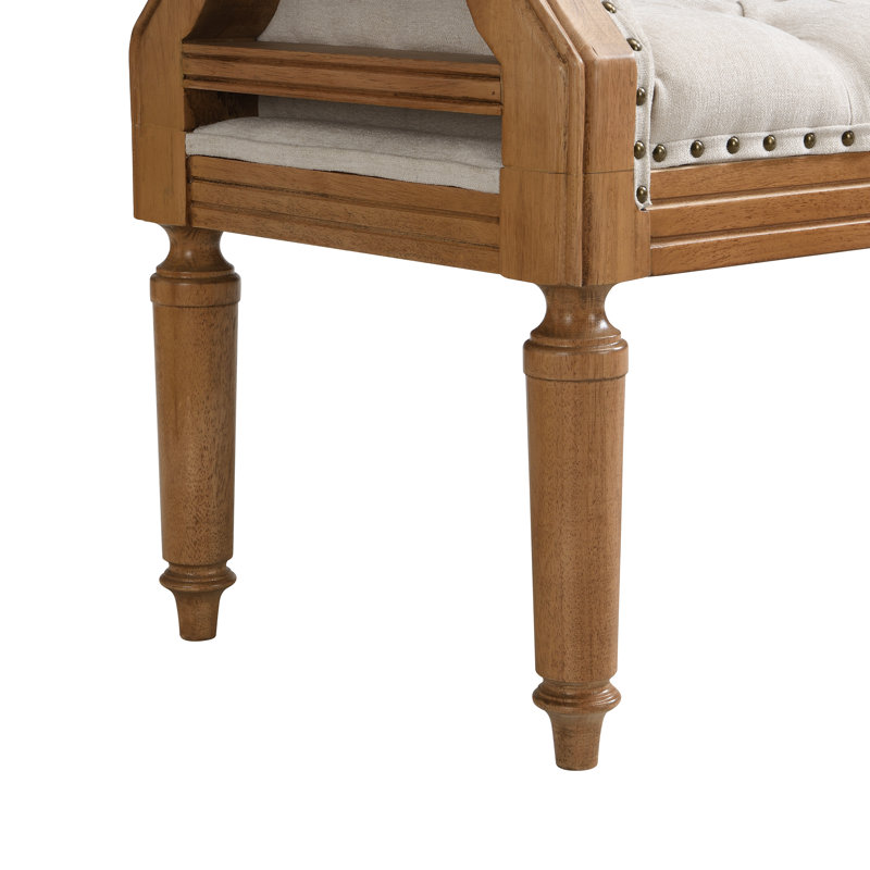 Banc rembourré en bois massif avec capitonnage à boutons et garniture cloutée Harrington, Lin beige / structure en teck