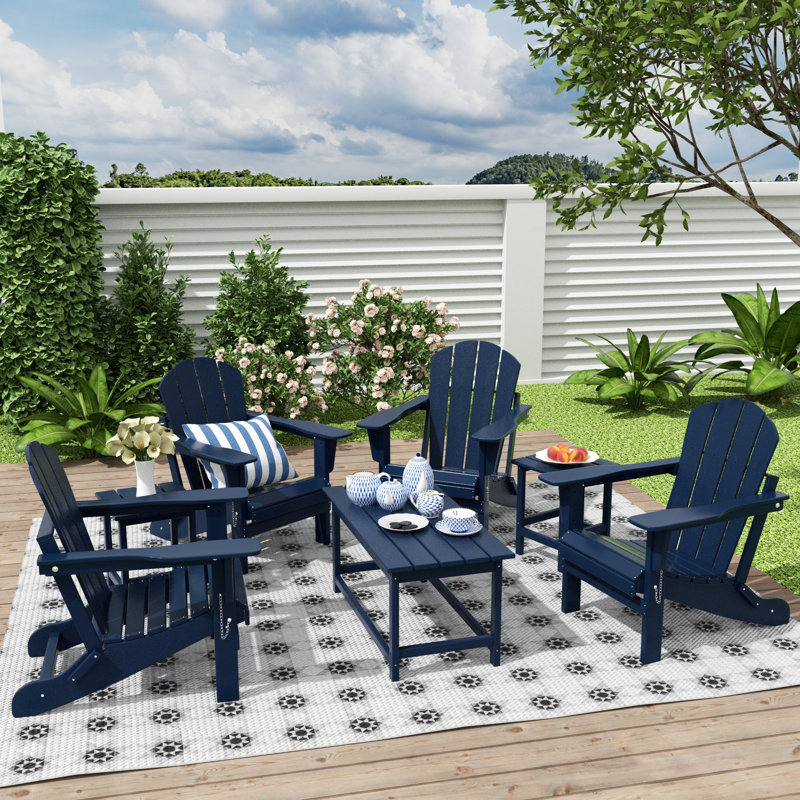 Laguna Foldable Outdoor Adirondack Chair With Table, Navy Blue