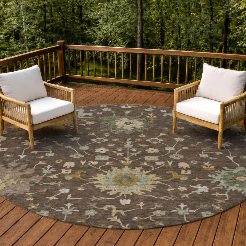 Tapis traditionnel lavable à la machine intérieur / extérieur ACN2609, Chocolat, Rond 8 pi