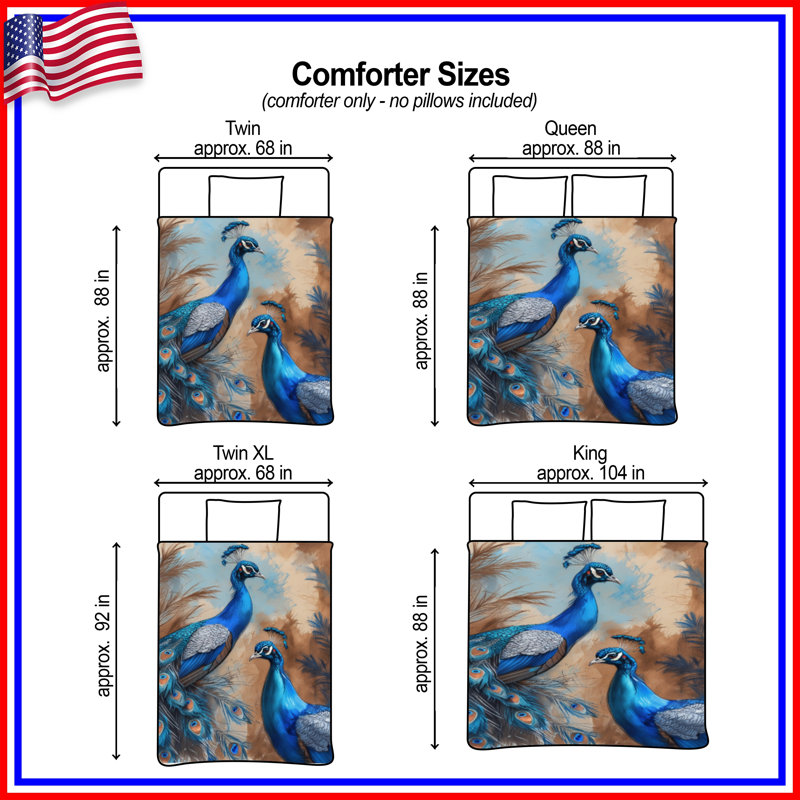 Blue Peacock Illustration Comforter, Twin