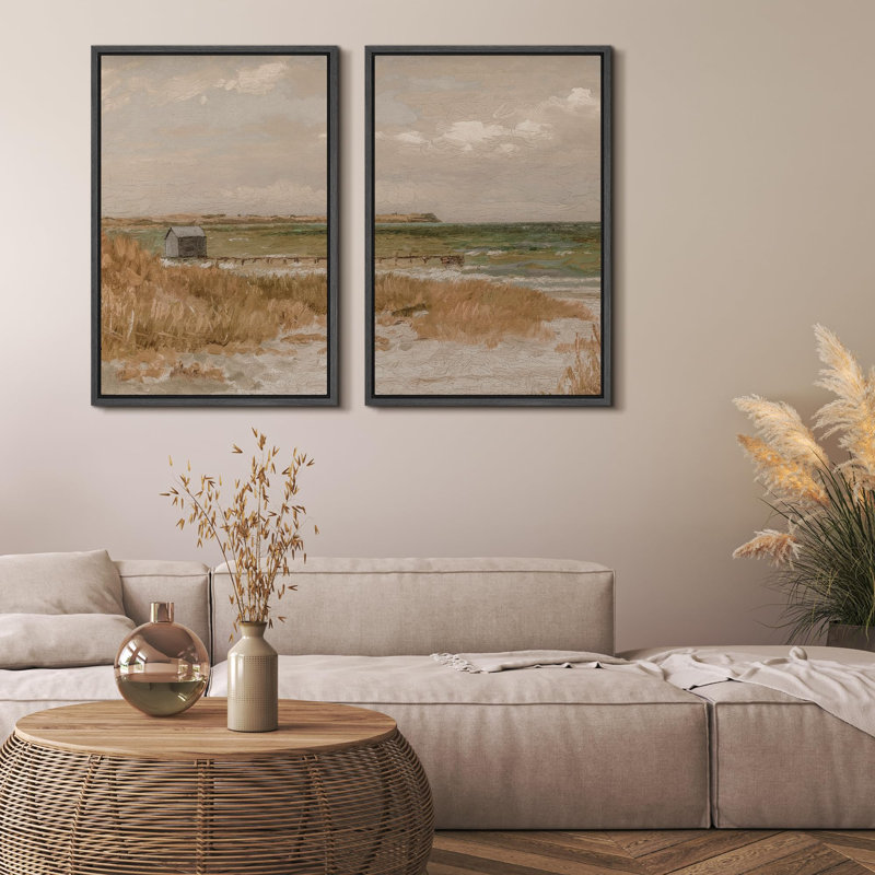 «Rustic Coastal Landscape Seascape With Thatched Cottage Nature Wilderness Illustration Decor», 2 pièces, Cadre noir