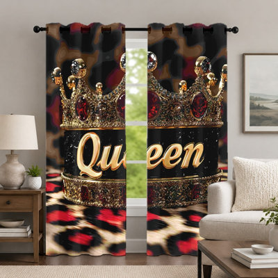 2Pcs Crown and Leopard Print Curtains, Elegant Royal Style Drapes, Decorative Queen Letter Motif Grommet Window Panels, Window Treatment for Bedroom Living Room Decor