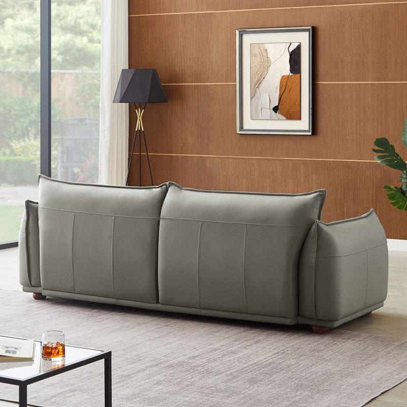 89" Genuine Leather Sofa Modern Living Room Couch, Gray Genuine Leather