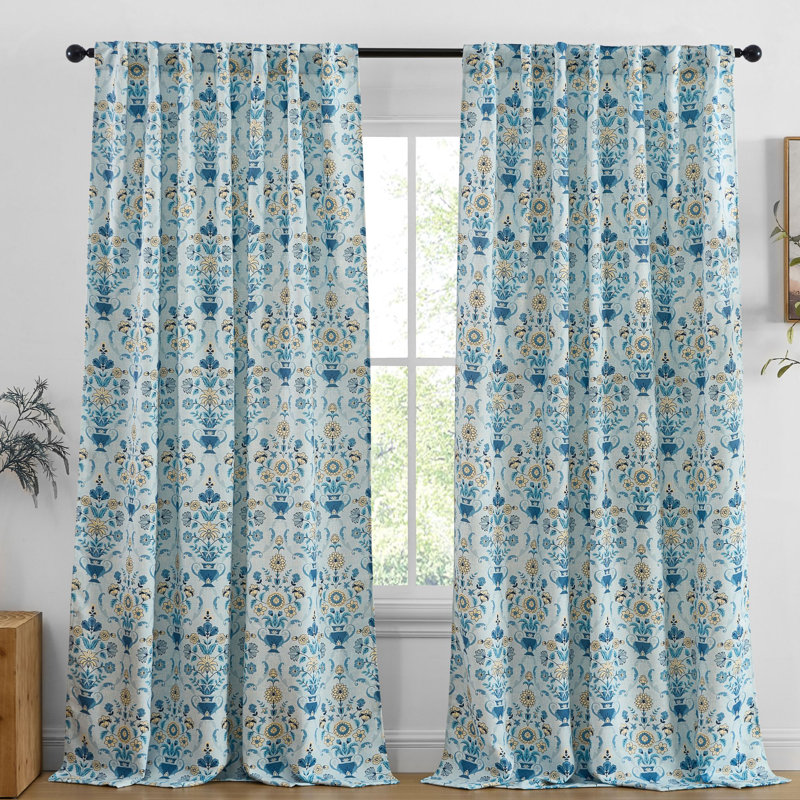 Clara Floral Damask Patterned Window Back Tab Rod Pocket Curtains Bedroom - Light Blocking Darkening Window Panels, Set of 2