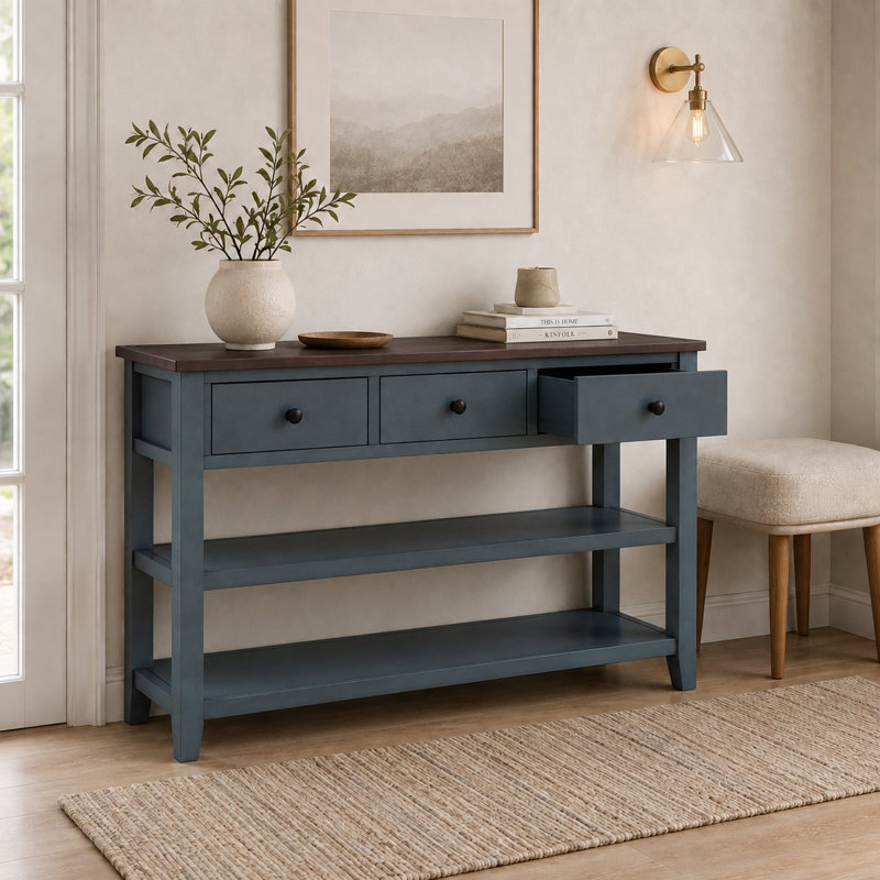 Console rétro avec deux tablettes ouvertes, structure et pieds en bois de pin massif, Espresso, Navy