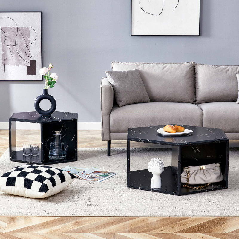 Hexagonal MDF Coffee Table Set, Black