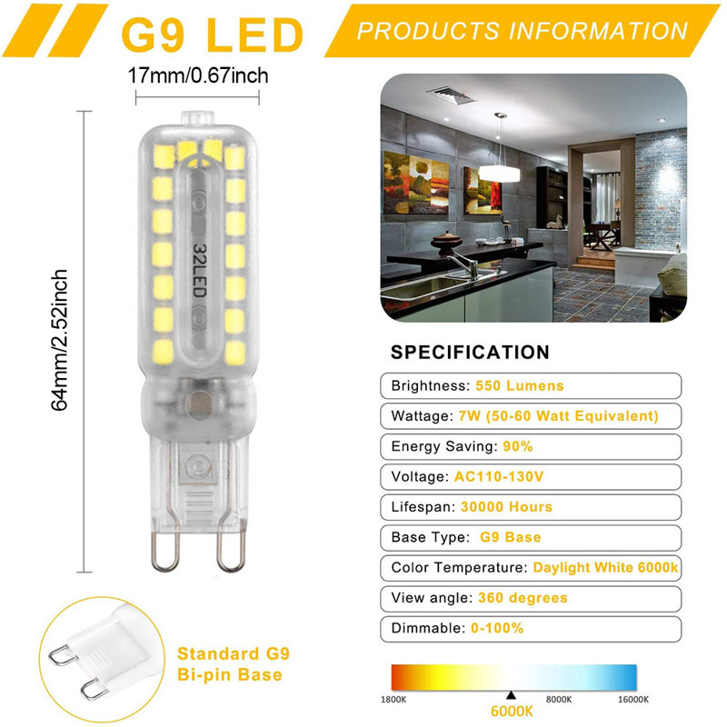 Ampoule à DEL 60 W à intensité variable G9, blanc, Blanc