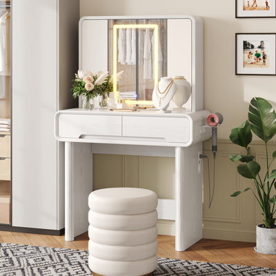 Vanity Makeup Desk With 3-sided Foldable Led Mirror, Curved Dressing Table With 9 Secret Storage & Built-in Power For Professional Makeup, White