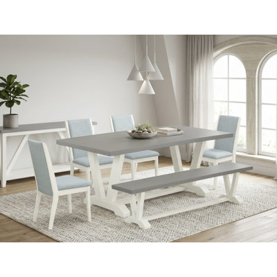 Cet ensemble de salle à manger 6 pièces contient une table de cuisine en ciment, un banc de salle à manger et 4 chaises de salle à manger en tissu de lin bleu à haut dossier - Lin brossé blanc