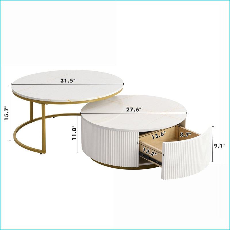 Blanc moderne et rond Table basse dorée avec tiroir, conception gigogne peu encombrante pour le salon