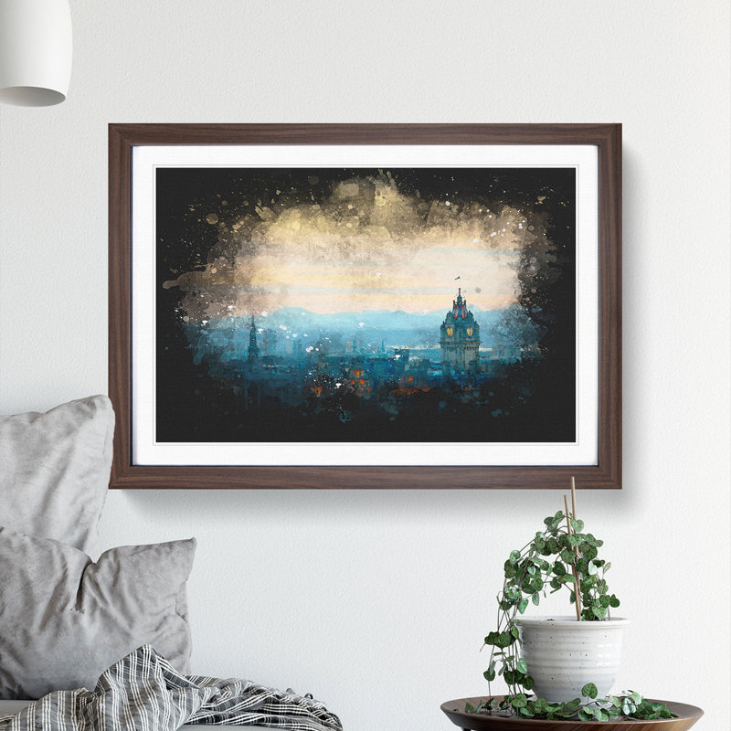 Edinburgh Skyline In Scotland Paint Splash - Framed Print, 24cm H x 33cm W x 2cm D, Walnut Framed