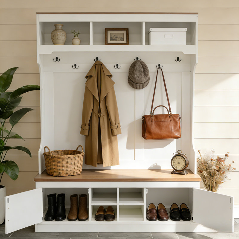 Banc d'arbre de ferme 5 en 1 avec rangement pour chaussures, portemanteaux et crochets, Blanc
