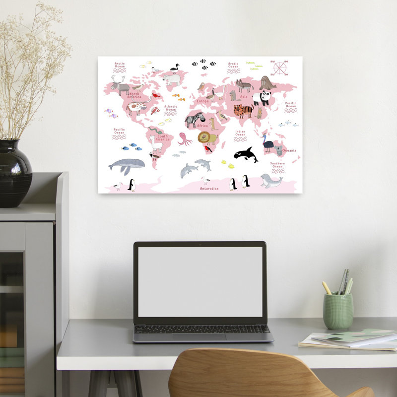 Animaux de la carte du monde, ours contemporain, dauphin, océan, art mural, 16" H x 24" W
