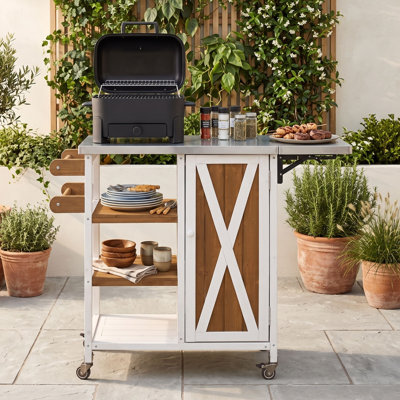 Foldable Outdoor Kitchen Island Cart with Lockable Wheels, Cabinet and Double-Layer Towel Rack